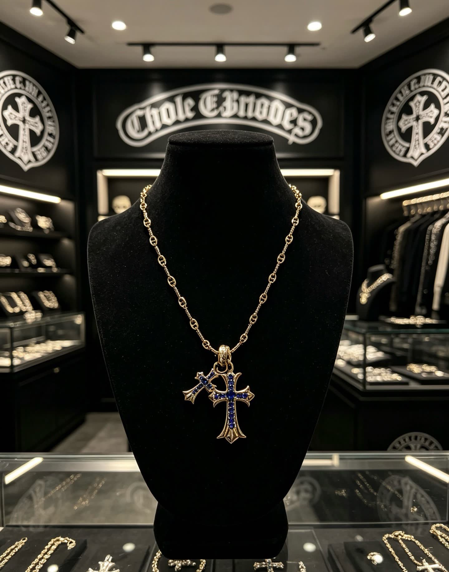 Chrome Hearts Carrera Gold-Tone Blue Crystal Cross Pendant Necklace